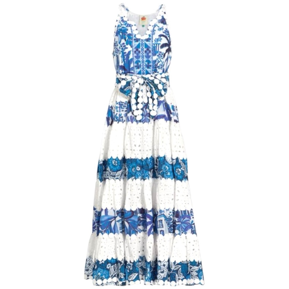 FARM RIO Floral Eyelet Mixed Blue and White Print Maxi Dress, Size S. - Picture 5 of 12